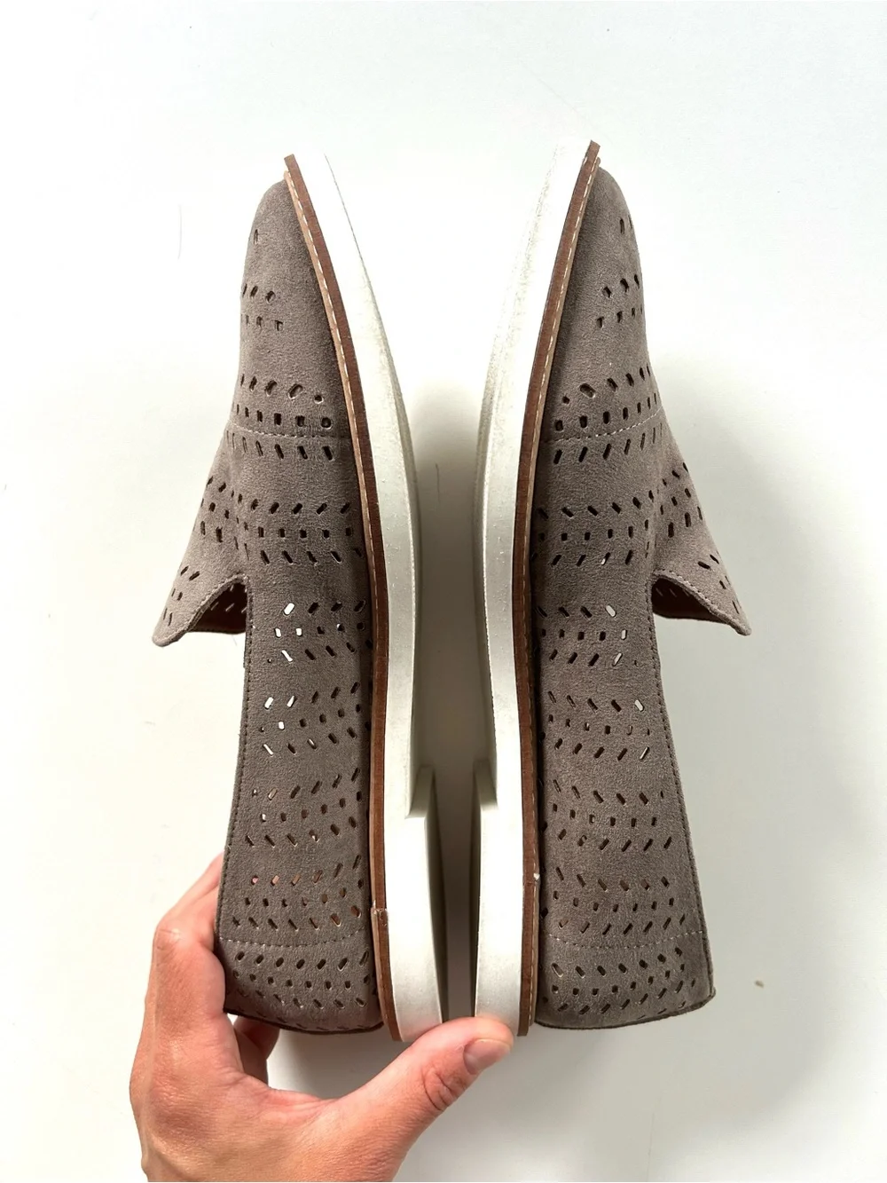 Susina Taupe Perforated Slip-On Suede Loafer Flats